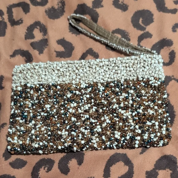 Beaded Wristlet Clutch in Ivory and Brown - Picture 1 of 3